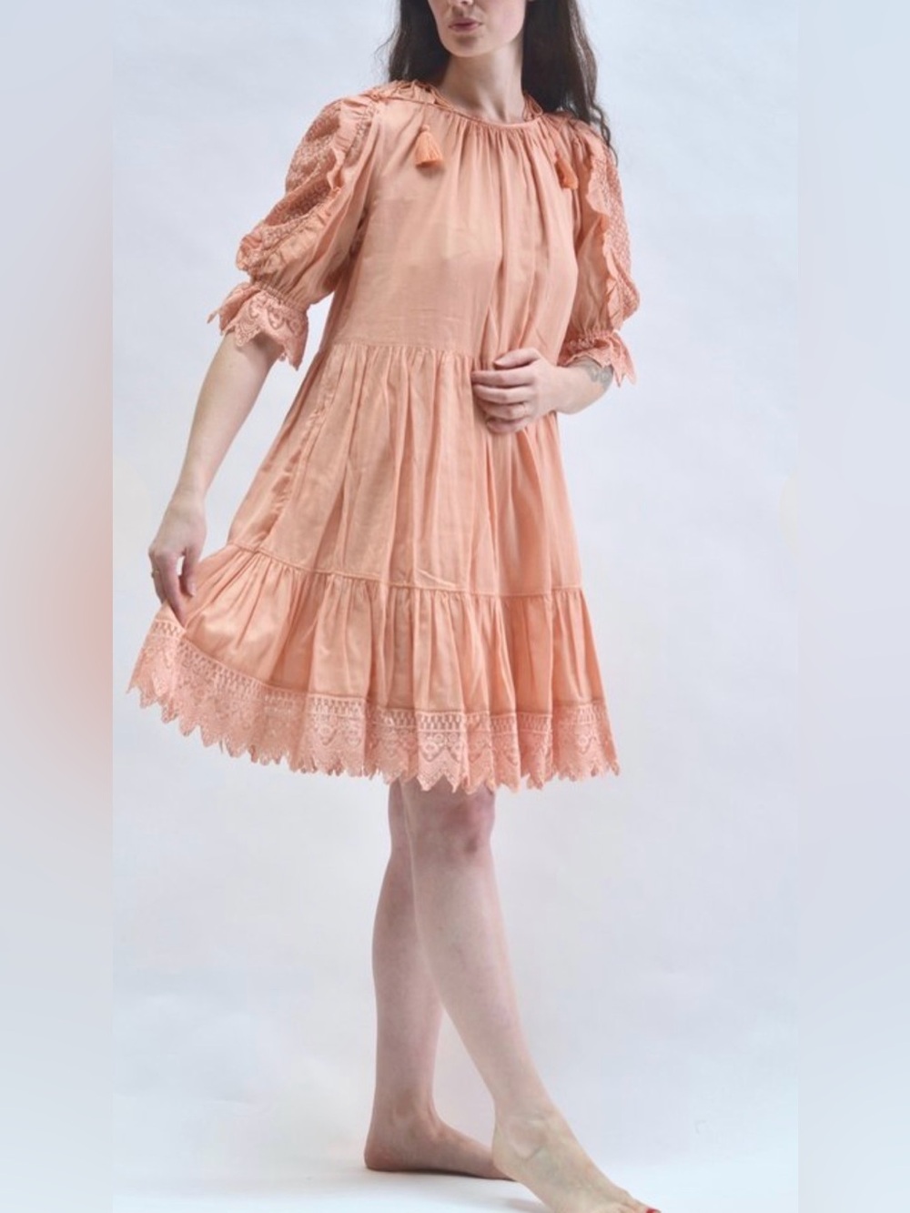 Ulla Johnson Peach Crochet-Trim Tiered Mini Dress - Picture 2 of 10
